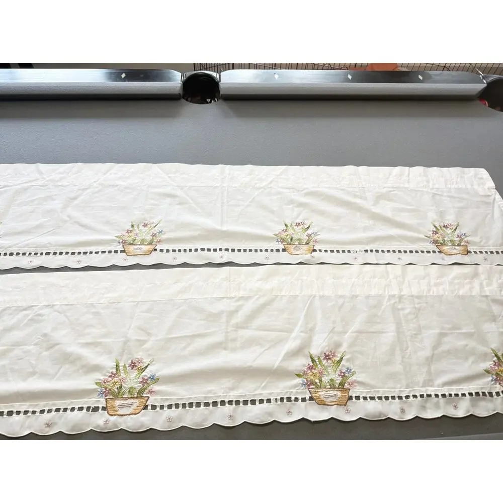 Embroidered Window Valances Scalloped Cutwork White 2 Panel Set Floral 60x13